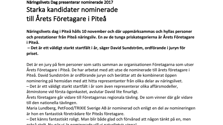 Starka kandidater nominerade  till Årets Företagare i Piteå