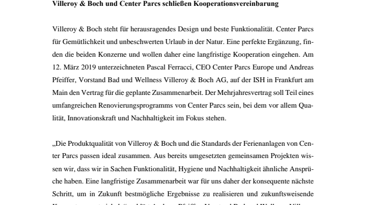 Villeroy & Boch und Center Parcs schließen Kooperationsvereinbarung