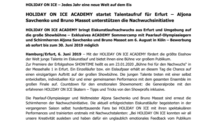HOLIDAY ON ICE ACADEMY startet Talentaufruf für Erfurt – Aljona Savchenko und Bruno Massot unterstützen die Nachwuchsinitiative