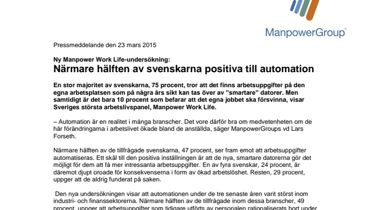 ​Ny Work Life-undersökning: Närmare hälften av svenskarna positiva till automation