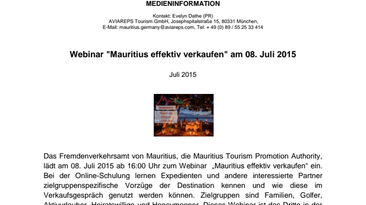 Webinar "Mauritius effektiv verkaufen" am 08. Juli 2015
