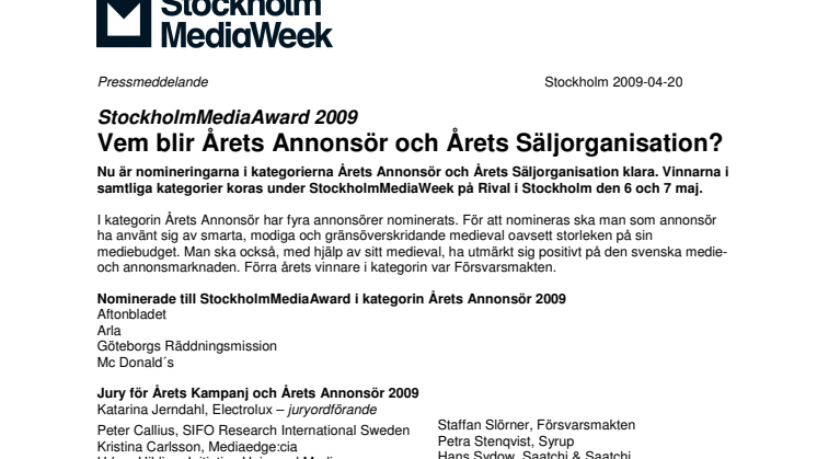 StockholmMediaAward 2009: Vem blir Årets Annonsör och Årets Säljorganisation?