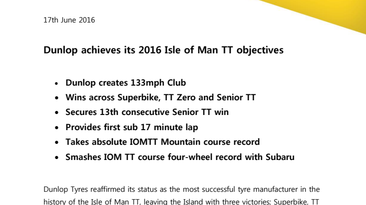Dunlop achieves its 2016 Isle of Man TT objectives
