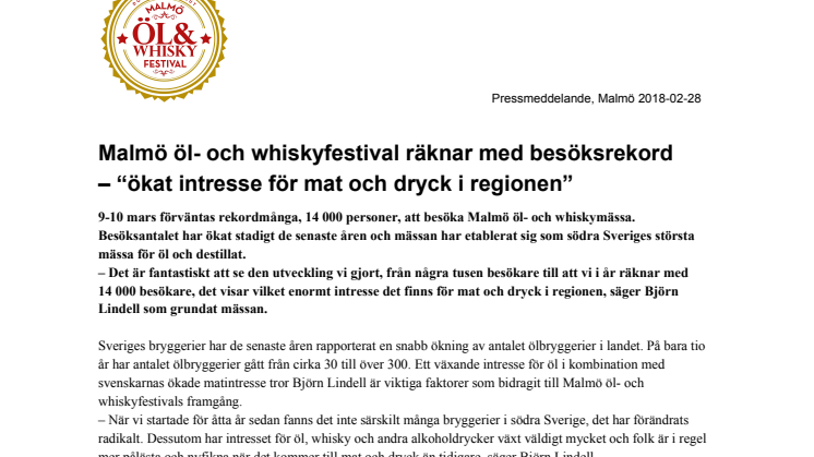 Malmö öl- och whiskyfestival räknar med besöksrekord  – “ökat intresse för mat och dryck i regionen”