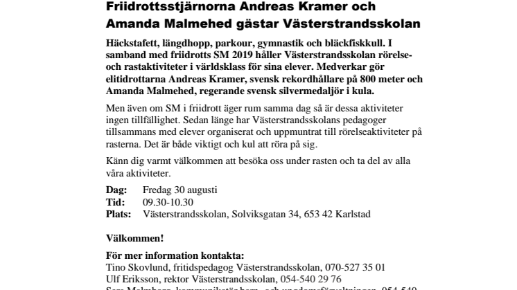Pressinbjudan: Friidrottsstjärnorna Andreas Kramer och Amanda Malmehed gästar Västerstrandsskolan 