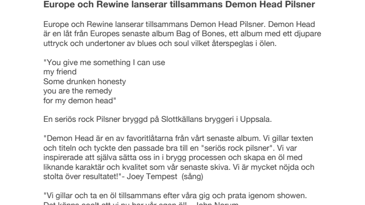 Europe och Rewine lanserar tillsammans Demon Head Pilsner 