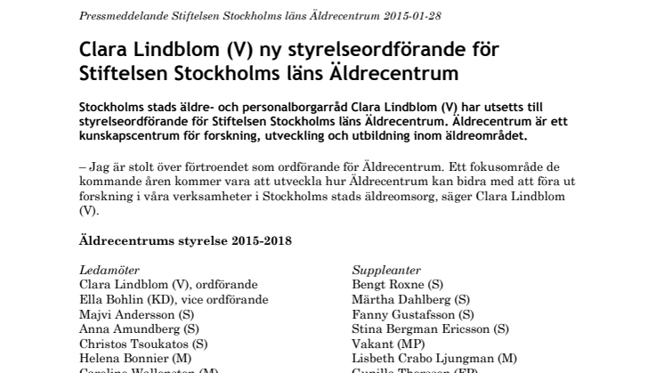 Clara Lindblom (V) ny styrelseordförande för Stiftelsen Stockholms läns Äldrecentrum
