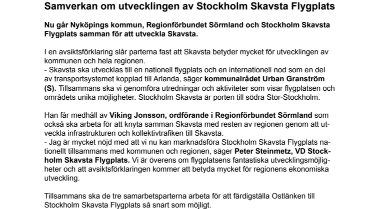 Samverkan om utvecklingen av Stockholm Skavsta Flygplats