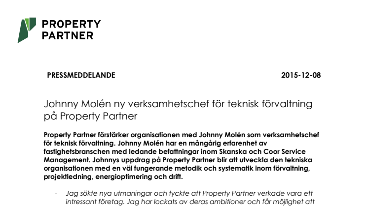 Johnny Molén ny verksamhetschef för teknisk förvaltning på Property Partner