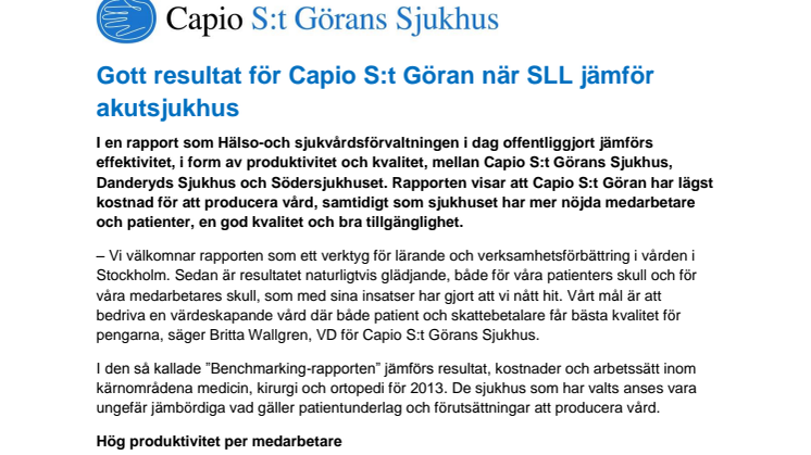 Gott resultat för Capio S:t Göran när SLL jämför akutsjukhus