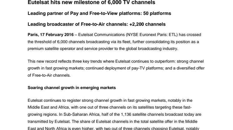 Eutelsat hits new milestone of 6,000 TV channels  