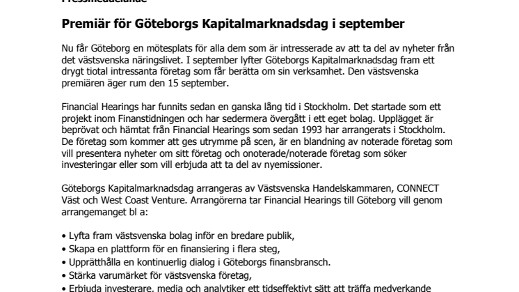 Premiär för Göteborgs Kapitalmarknadsdag i september