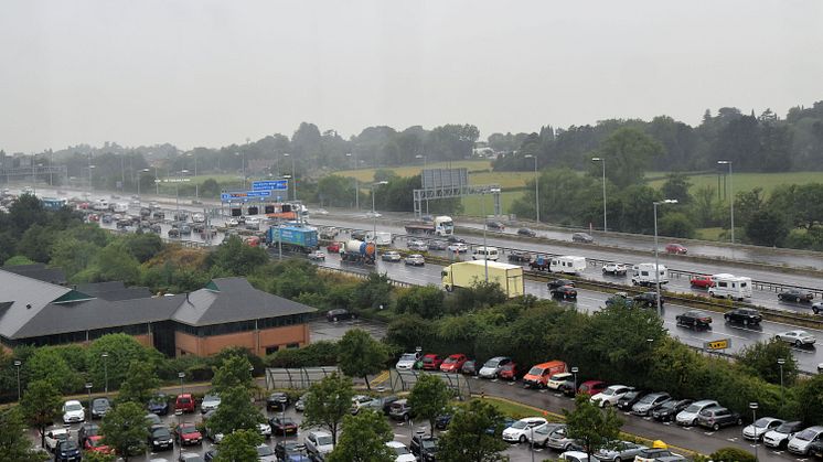 Summer traffic in heavy rain on the M5/M4 interchange near Bristol