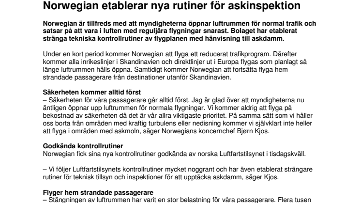 Norwegian etablerar nya rutiner för askinspektion