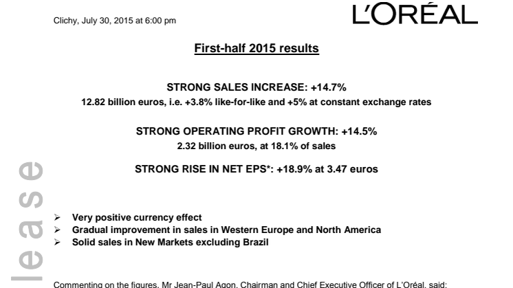 L'Oréal-konsernin ensimmäisen vuosipuoliskon tulos, myynti +14,7%