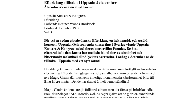 Efterklang tillbaka i Uppsala 4 december