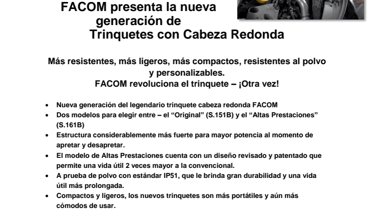FACOM presenta la nueva generación de Trinquetes con Cabeza Redonda
