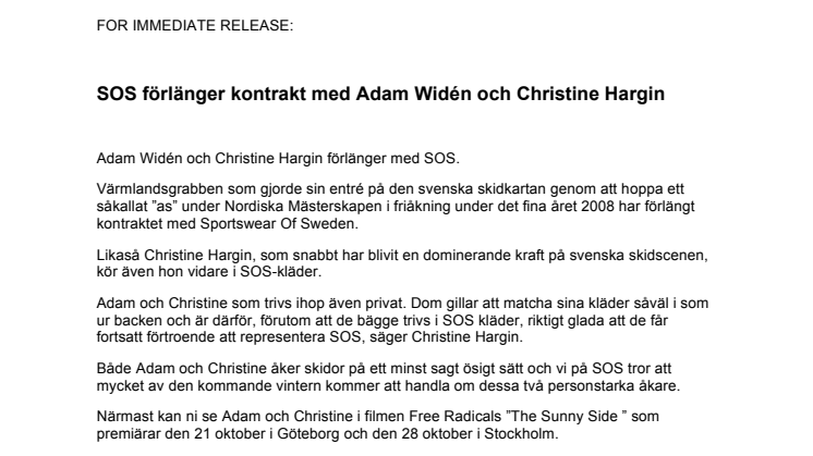 SOS förlänger kontrakt med Adam Widén och Christine Hargin