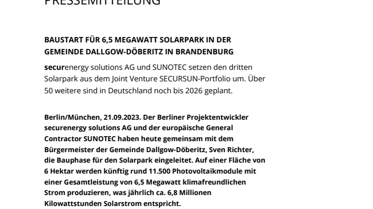 Pressemitteilung: Baustart für 6,5 Megawatt Solarpark in der Gemeinde Dallgow-Döberitz in Brandenbrug
