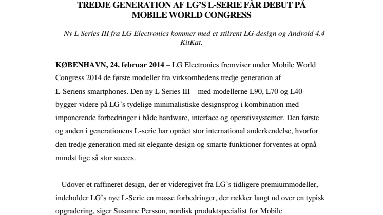 TREDJE GENERATION AF LG’S L-SERIE FÅR DEBUT PÅ MOBILE WORLD CONGRESS