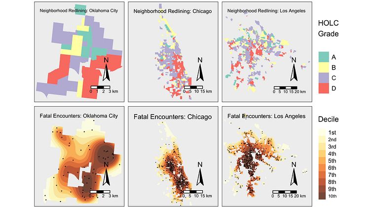 Spatial distribution of census tracts by HOLC grade classification (top row) and density estimates of fatal encounters with police (bottom row).  Dots show the location of Fatal Encounters. 