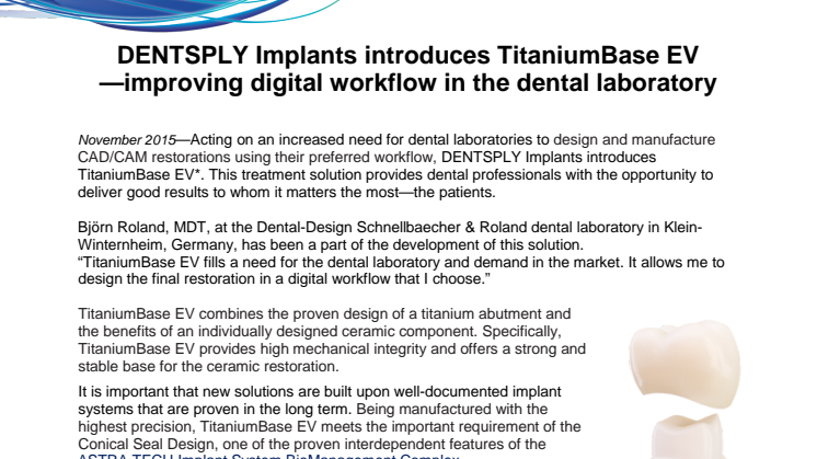 DENTSPLY Implants introduces TitaniumBase EV—improving digital workflow in the dental laboratory