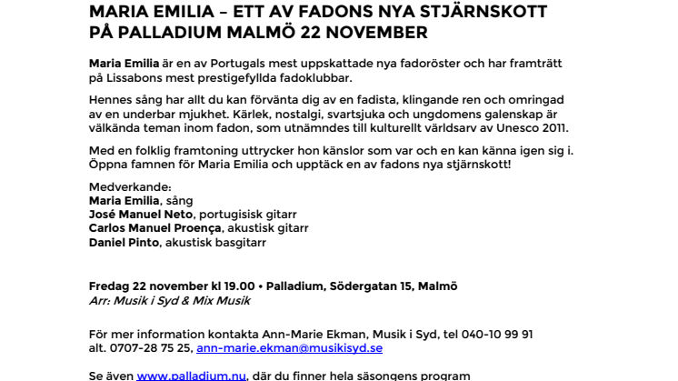 Maria Emilia – ett av fadons nya stjärnskott på Palladium Malmö 22 november