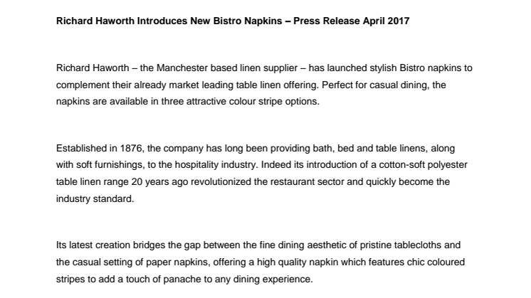 Richard Haworth Introduces New Bistro Napkins for Restaurants