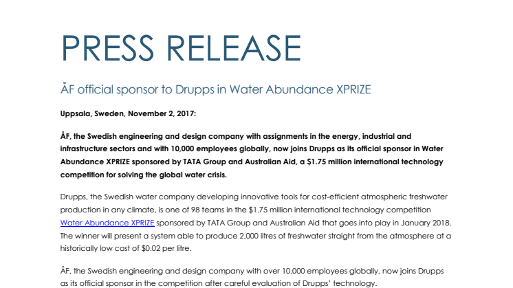 ÅF official sponsor to Drupps in Water Abundance XPRIZE