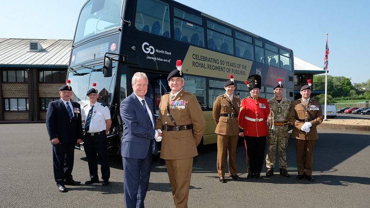 L-R Drivers Michael Sparkes & Stephen Lowery. GNE's MD Kevin Carr with Major Gary Jones. Captain Matt Mackinder- Jonas - Adjutant, Staff Sergeant Richard Stacey, Captain Darren Robinson & Regimental Sergeant Major Kevin Douglas.