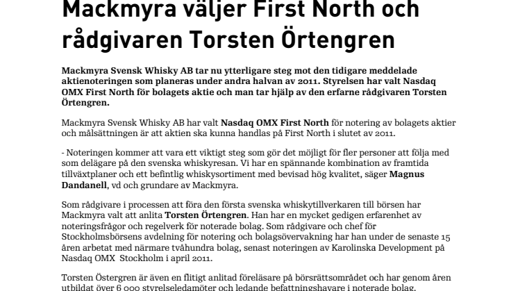 Mackmyra väljer First North och rådgivaren Torsten Örtengren