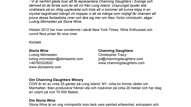 Storia Wine representerar Channing Daughters Winery från Long Island