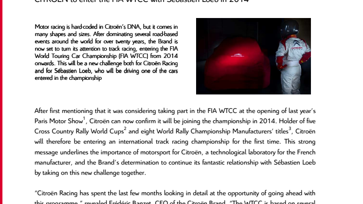 CITROËN med Sebastien Loeb deltar i FIA WTCC från och med 2014 