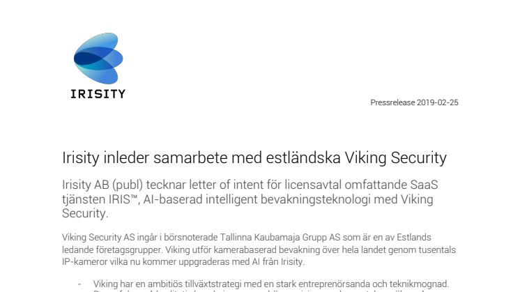 Irisity inleder samarbete med estländska Viking Security