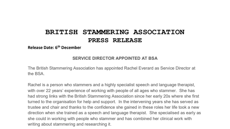 Service Director Appointed at British Stammering Association 