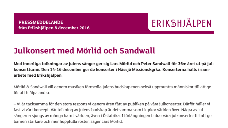 Julkonserter med Mörlid och Sandwall i Nässjö