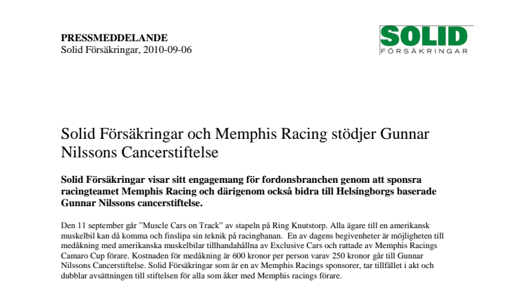 Solid Försäkringar och Memphis Racing stödjer Gunnar Nilssons Cancerstiftelse