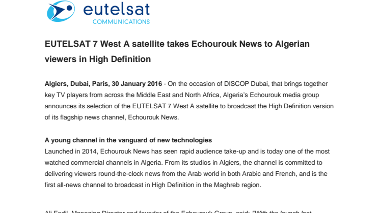 EUTELSAT 7 West A satellite takes Echourouk News to Algerian viewers in High Definition