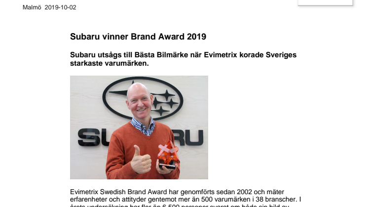 Subaru vinner Brand Award 2019