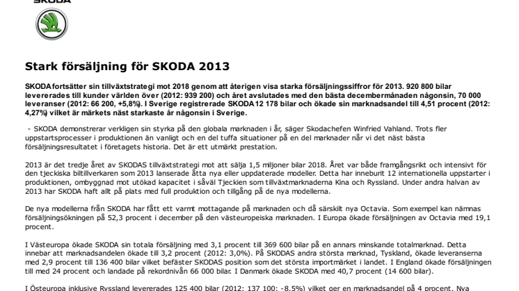 Stark försäljning för SKODA 2013