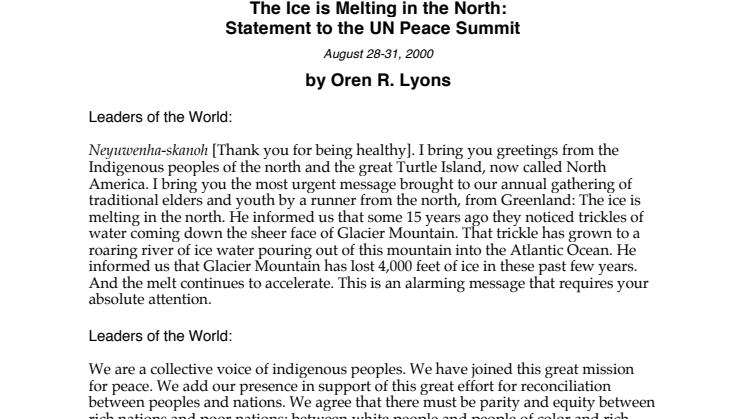 The Ice is Melting in the North: Statement to the UN Peace Summit, August 28-31, 2000, by Oren R. Lyons