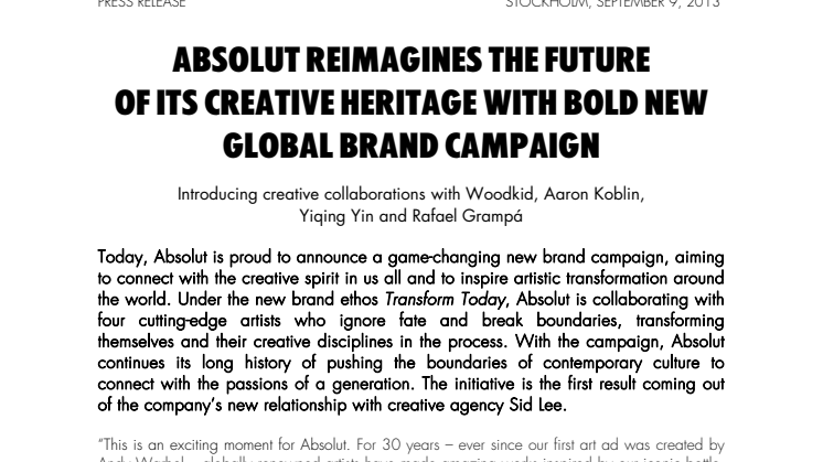 ABSOLUT REIMAGINES THE FUTURE OF ITS CREATIVE HERITAGE WITH BOLD NEW GLOBAL BRAND CAMPAIGN