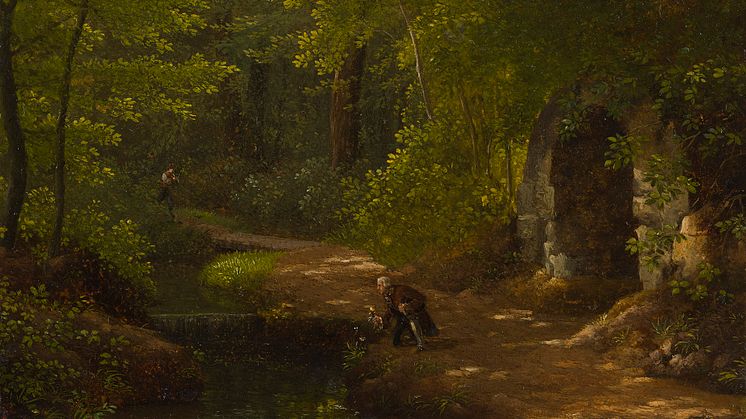 Alexandre Dunouy: Rousseau picking flowers near the Banc des vieillards, view of the park at Ermenonville, c.1800. Photo: Anna Danielsson/Nationalmuseum. 