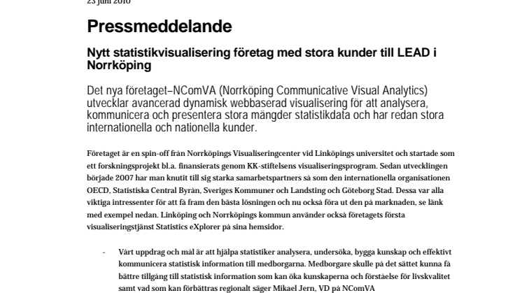 Nytt statistikvisualisering företag med stora kunder till LEAD i Norrköping