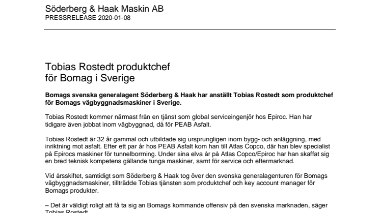 Tobias Rostedt produktchef  för Bomag i Sverige