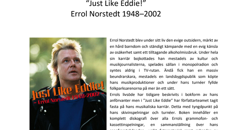Ny bok om Eddie Meduza - "Just Like Eddie - Errol Norstedt 1948 - 2002"