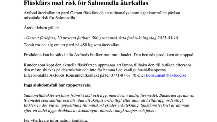 Fläskfärs med risk för Salmonella återkallas