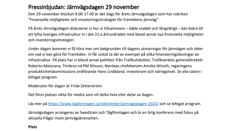 Pressinbjudan Järnvägsdagen 29 november inkl detaljerat program