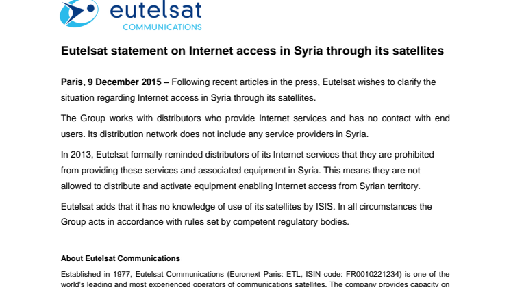 Eutelsat statement on Internet access in Syria through its satellites