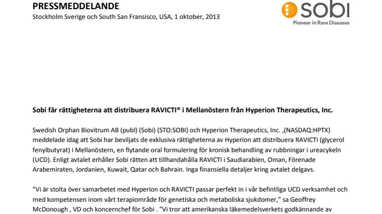 Sobi får rättigheterna att distribuera RAVICTI® i Mellanöstern från Hyperion Therapeutics, Inc.